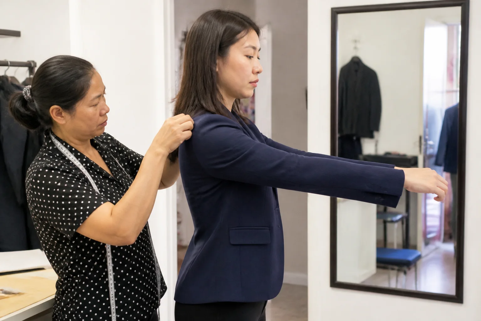 Nhân viên thử vest và vận động để kiểm tra form