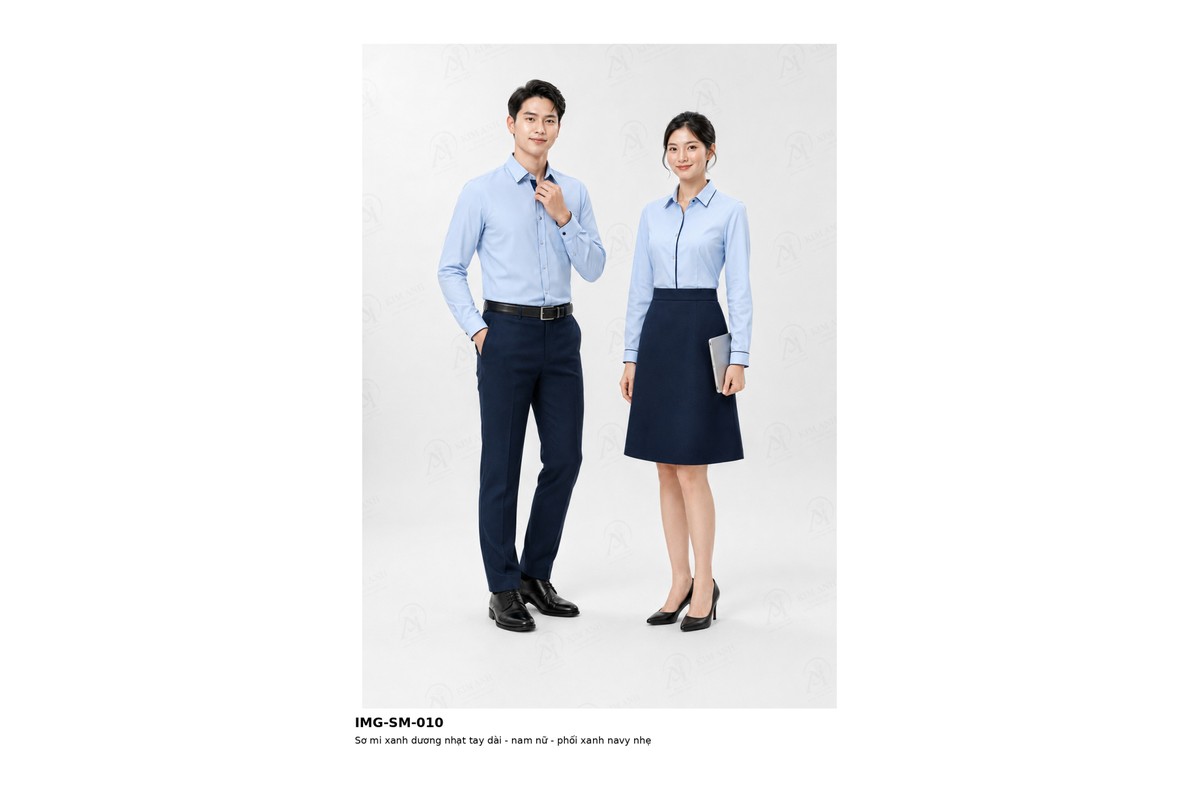 Mẫu sơ mi công sở xanh dương nhạt dành cho nam và nữ